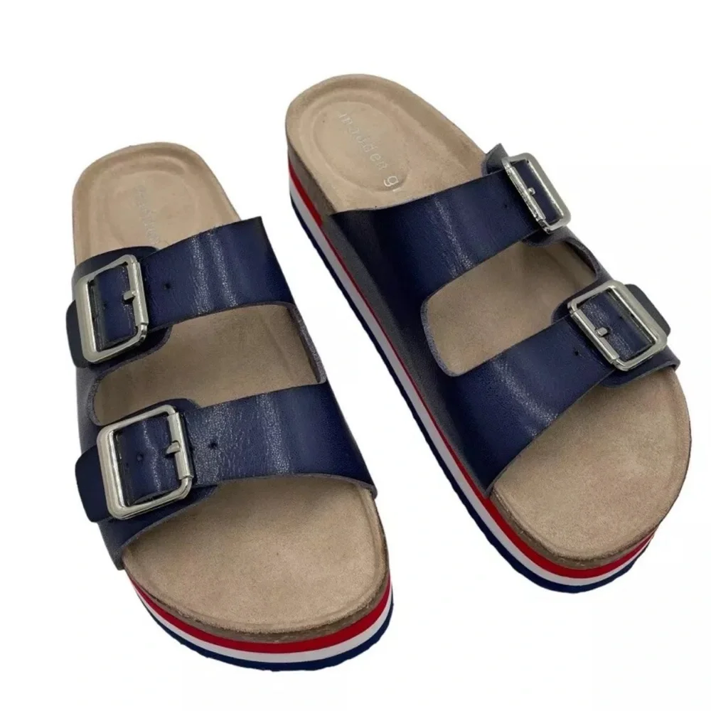 Madden Girl Women's Purr Sandal Blue Red White Cork Sz. 8M/ NEW - Picture 1 of 7